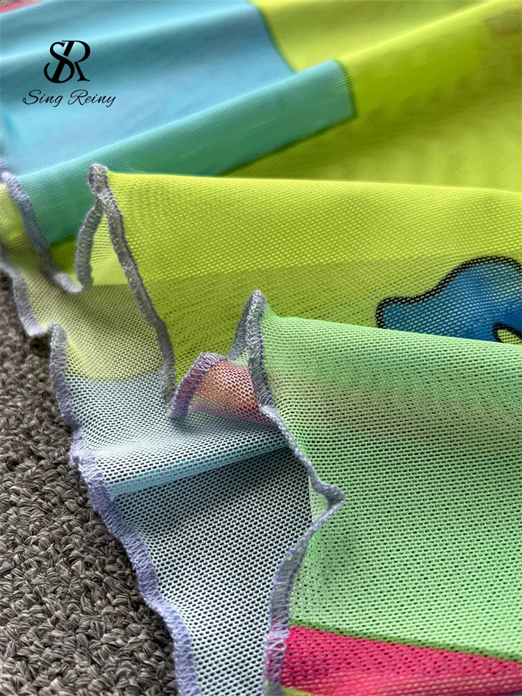 SINGREENY Womens Painting Mesh Set Long Sleeve TopHigh Waist Tight Clothing Fashion Street Retro Two Piece 240810