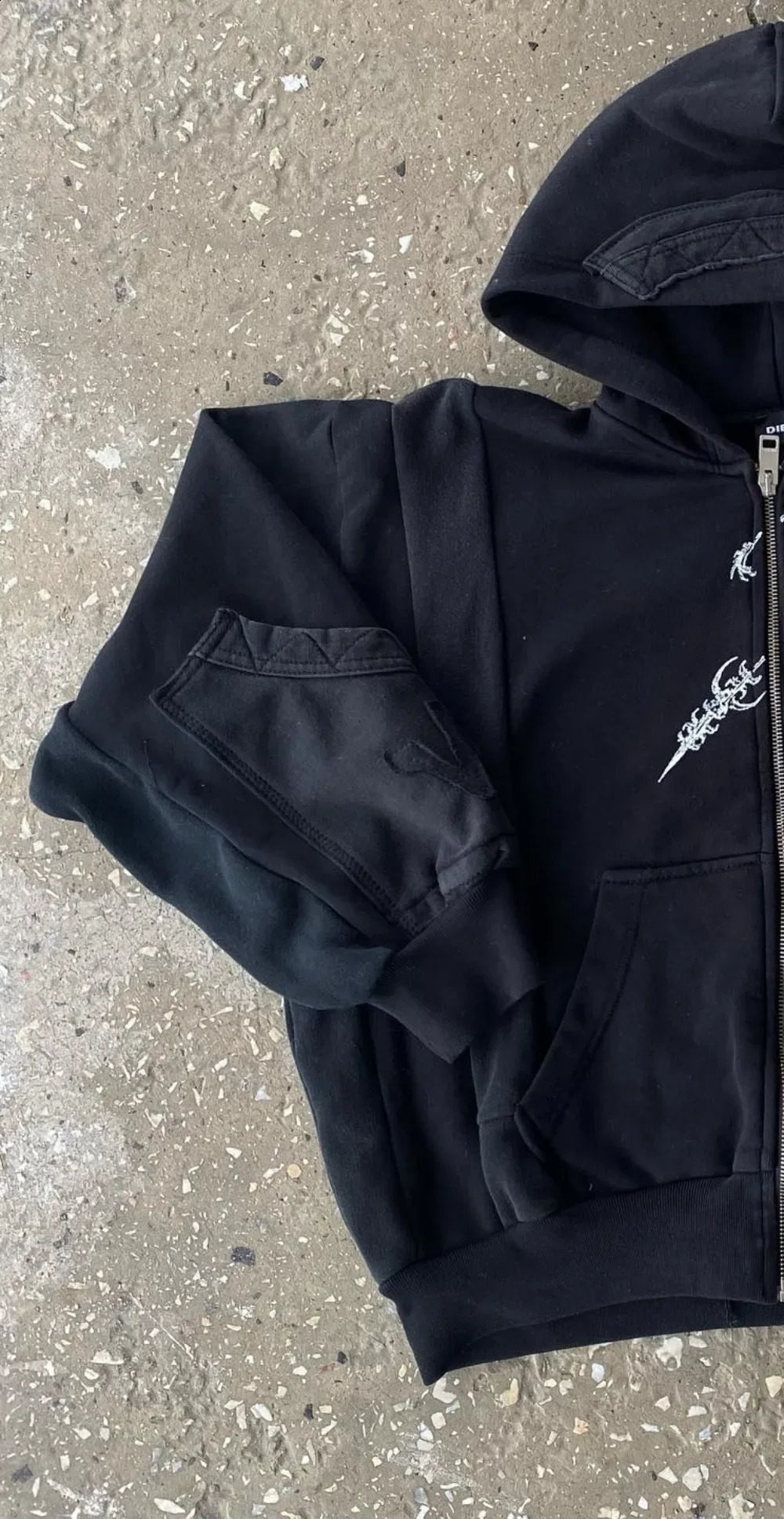 Vintage Zipper Hoodie Y2K Harajuku Gothic Pattern Patch Work Sweater Mens Hip Hop Super Harajuku Casual Street Wear 240810