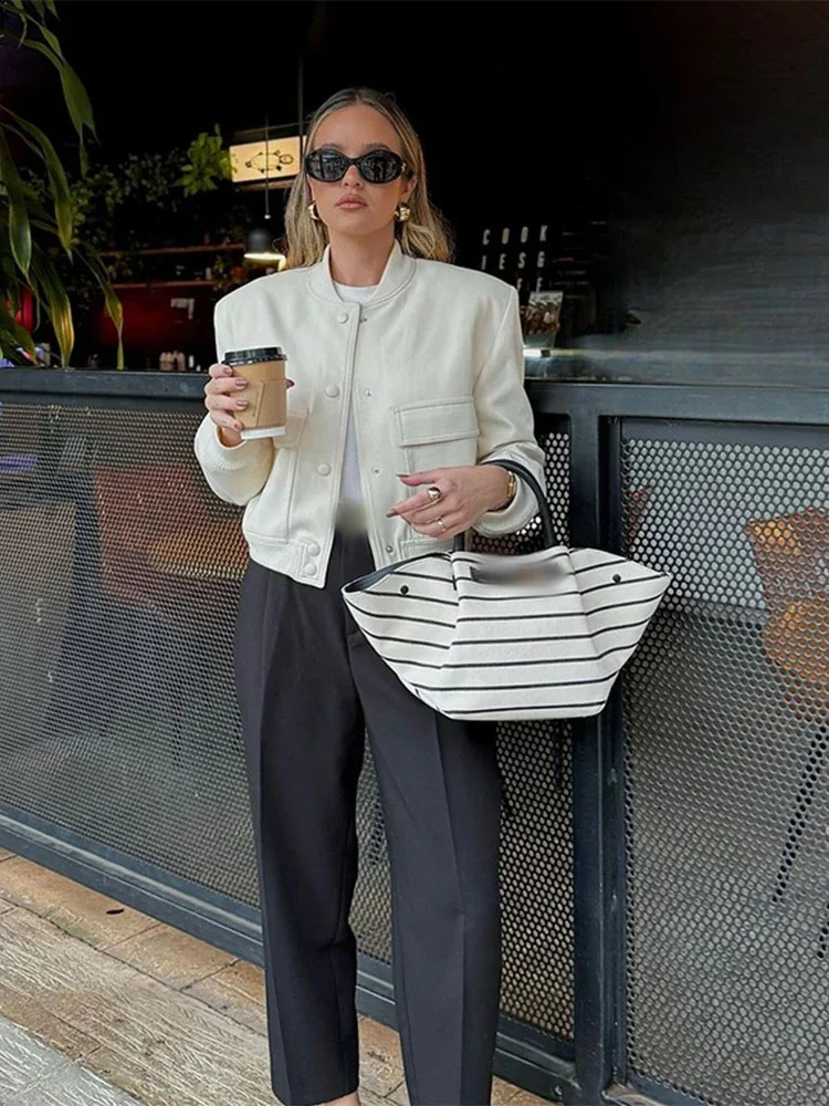 Solid fashion single breasted coat with pockets womens Oneck long sleeves tailored jacket autumn casual business 240808