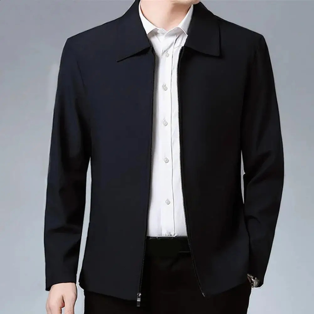 Men Jacket Elegant Mid-aged Mens Lapel Jacket with Zipper Closure Pockets for Formal Business or Casual Wear in Spring Fall 240809