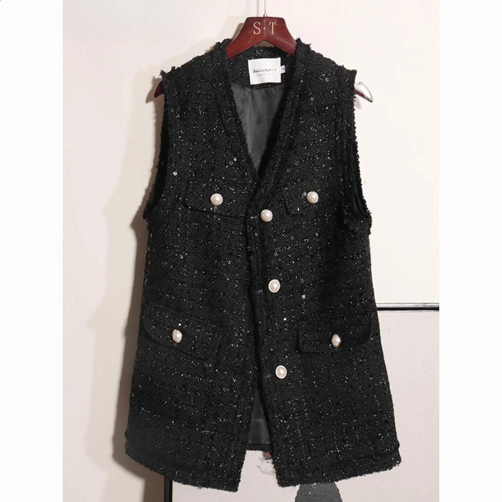 Womens Spring Autumn Loose Casual Waistcoat Female Sequined Tweed Vest Coats Ladies V-neck Sleeveless Jackets W748 240810