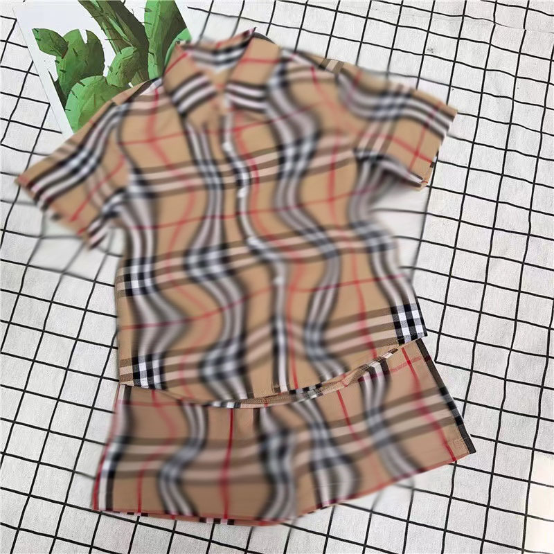 Designer children's clothing letter printed checkered set summer short sleeved baby boy short sleeved pure cotton set girls' luxury clothing set size 80-160