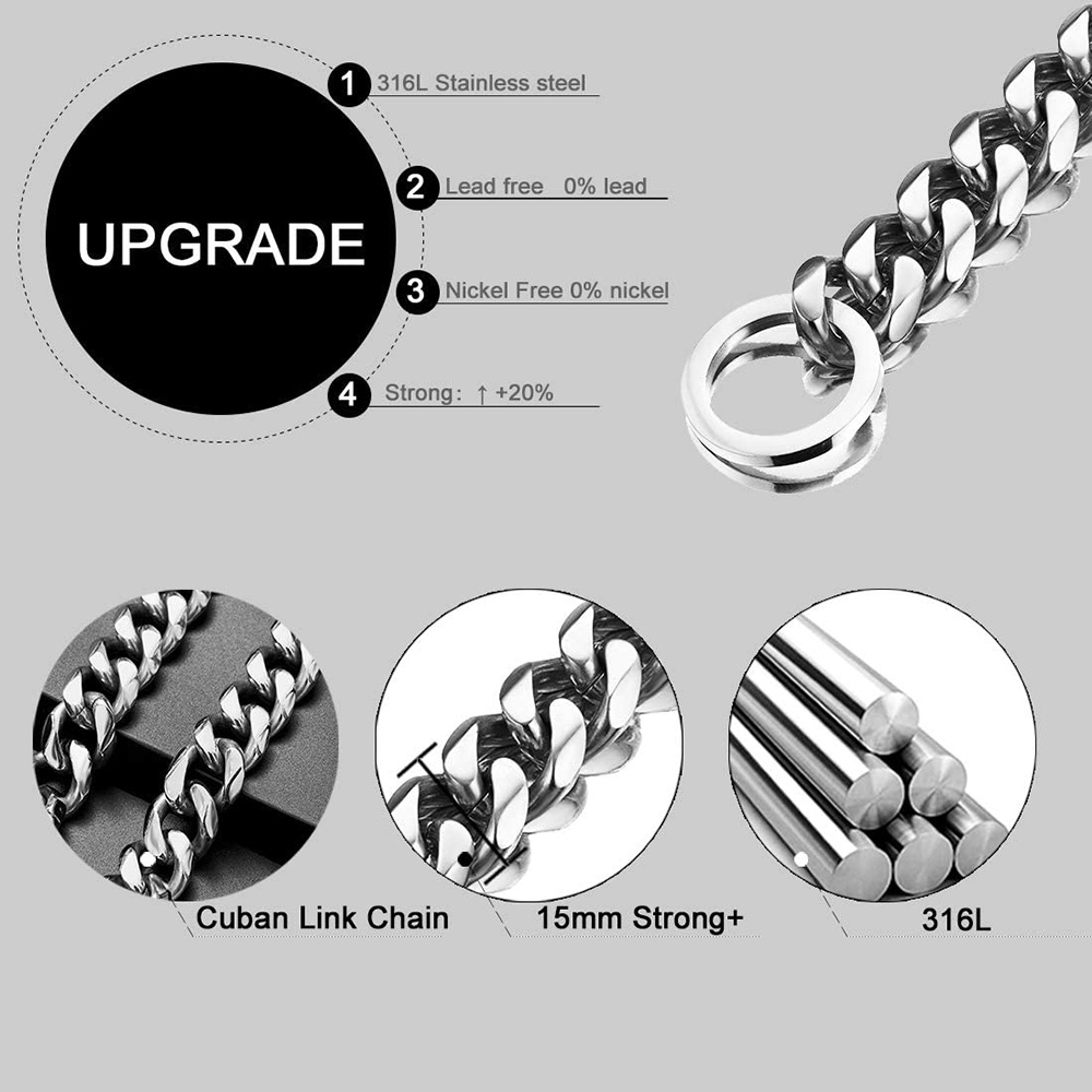 Chain Dog Collar Walking Chain Cuban Link Dog Collar 316L Stainless Steel Metal 15mm Heavy Duty Slip Collar for Small Dogs(15MM, 20")