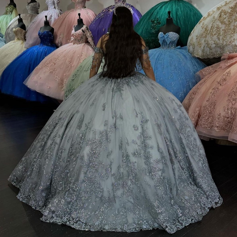 Sexy Off Shoulder Quinceanera Dress Lace Applique Beads Crystal Tull Birthday Party Sweet 16 Princess Ball Gowns Vestidos De 15 Anos