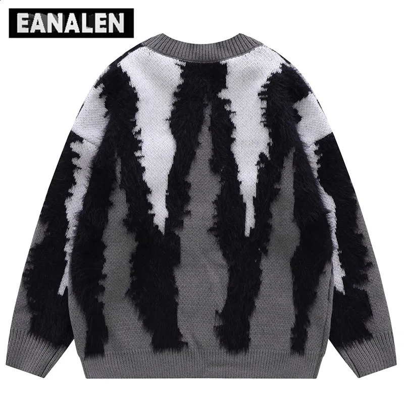 Harajuku Retro Green Orange Knitted Sweater Mens Street Oversized Crossover Pulling Thick Sweater Grandpa Ugly Sweater Womens240810