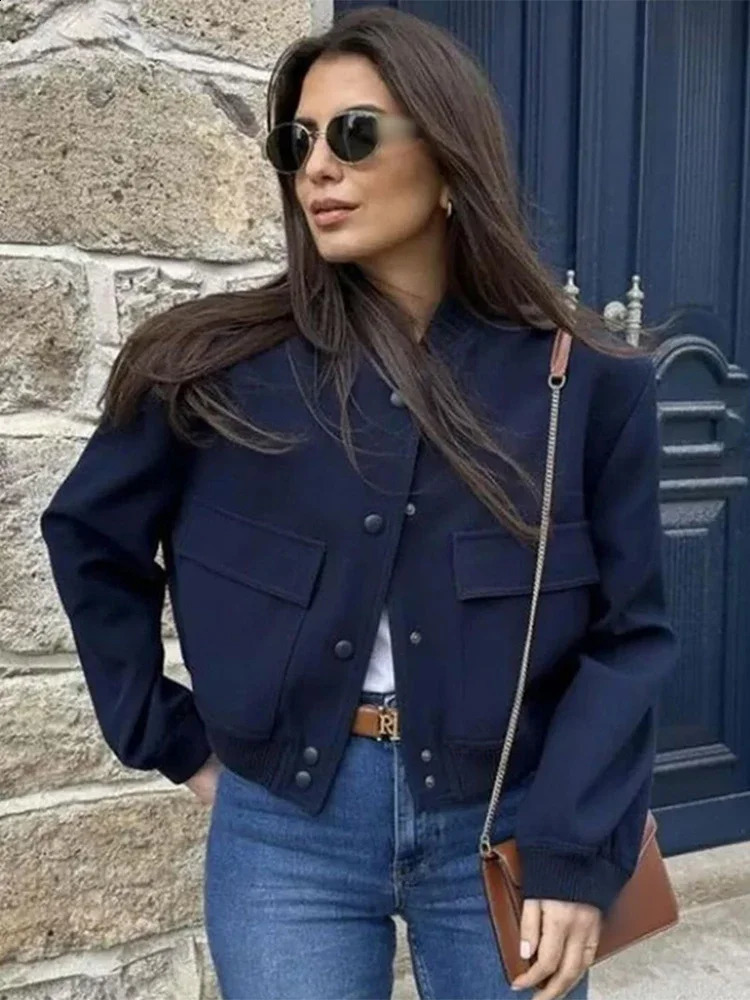 Solid fashion single breasted coat with pockets womens Oneck long sleeves tailored jacket autumn casual business 240808