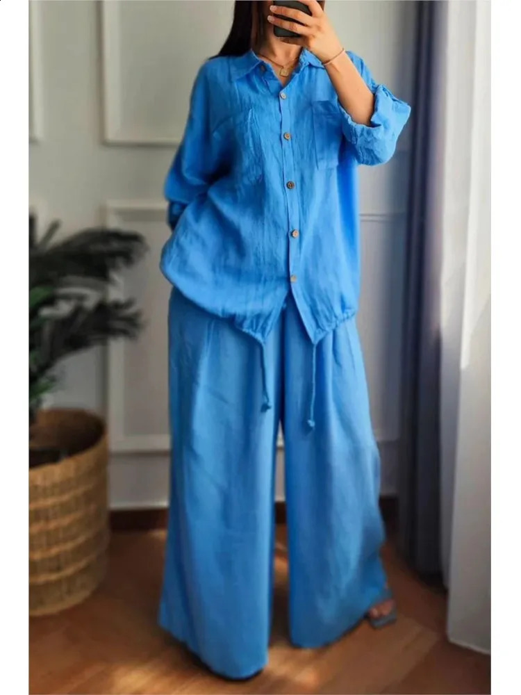 Autumn fashion cotton and linen rope twopiece set for women collar long sleeved brushed shirt wide leg pants casual