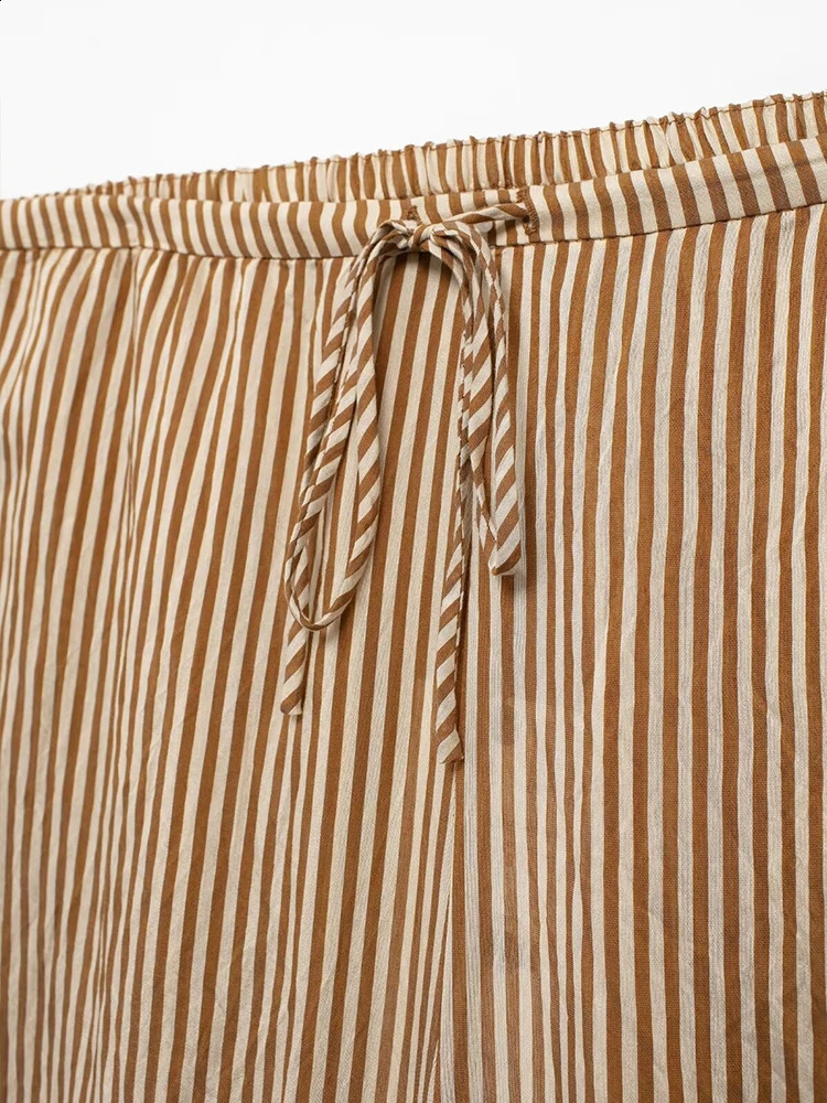 TRAF 2024 Women Striped Kimono Laced Up Blouse Pant Sets Fashion Lapel Short Sleeve Long Shirt Wide Leg Causal Suits 240810