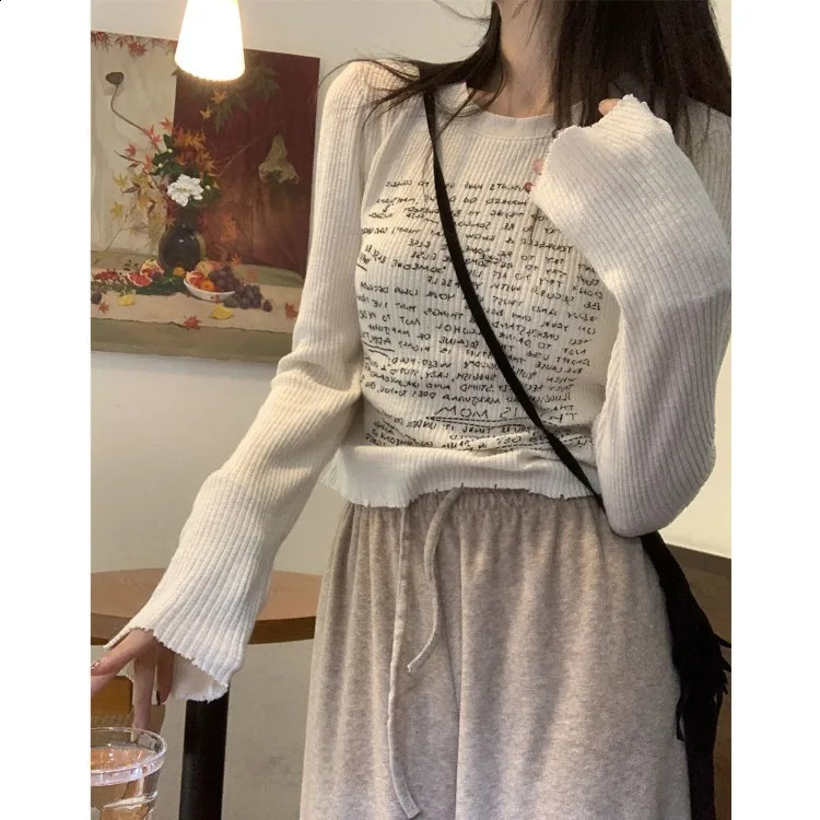Casual simple letter printed Oneck Tshirt Y2k EGirl long sleeved slim fit summer white bottom top for women 240810