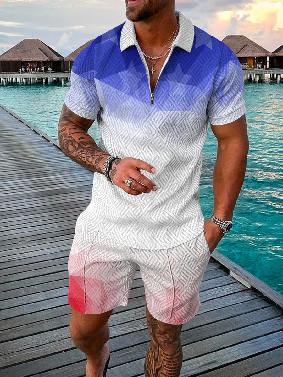 2024 Mens Shorts Set Sleeve Zip Polo Shirt Street T-shirt Two Piece Casual Sportswear Ropa Hombre 240813