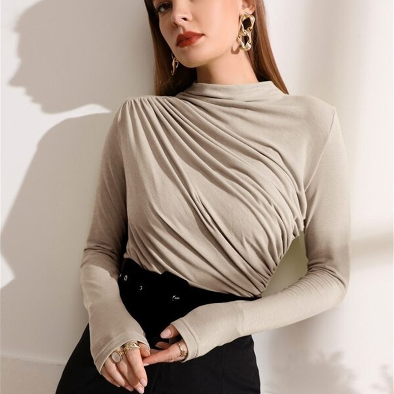 Autumn and Winter Small High Neck Design Pleated Versatile Long Sleeved T-shirt Top