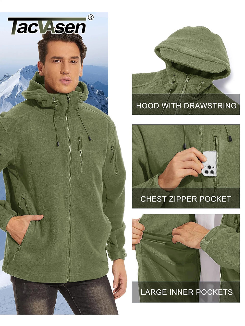 TACVASEN Spring Winter Fleece Jacket With Hoodie Mens Hooded Fleece Jacket Full-Zip Up Outdoor Windproof Hooded Warm Work Coat 240809