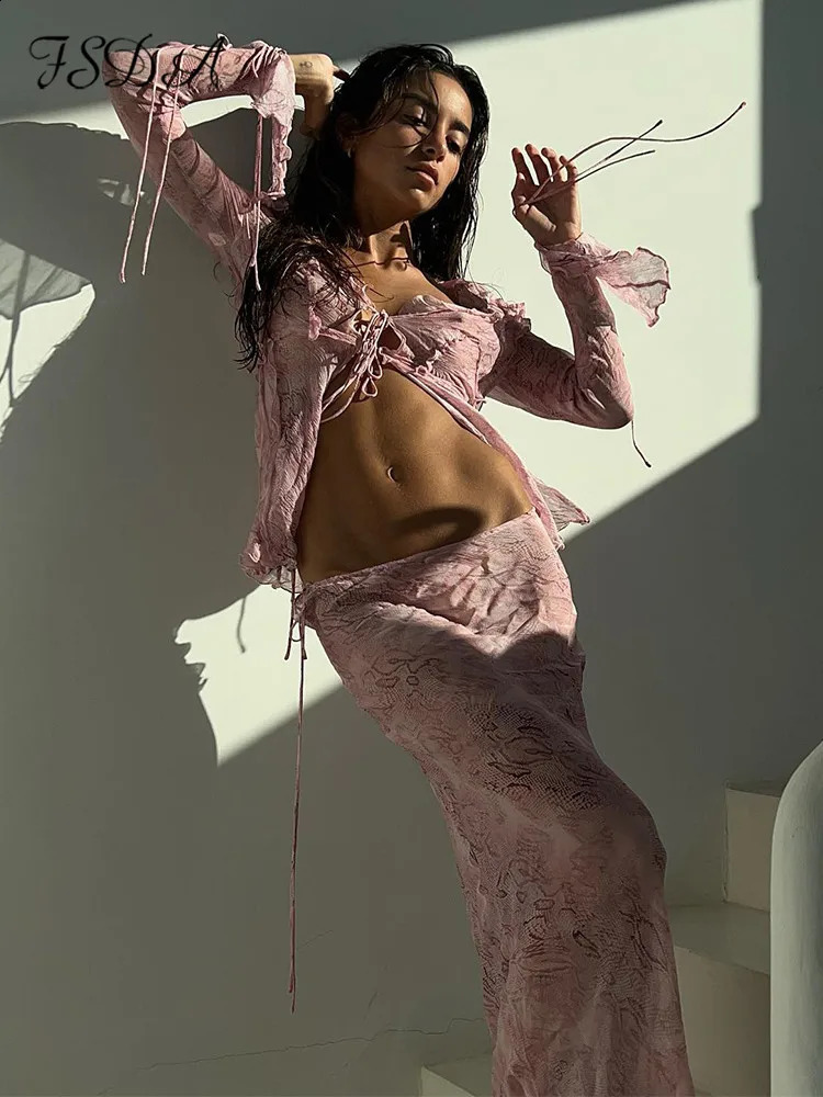 FSD Print Y2K Mesh Long Sleeve Top Green and Maxi Skirt Bodycon Sexy Two Piece Beach Clothing Womens Club 240810