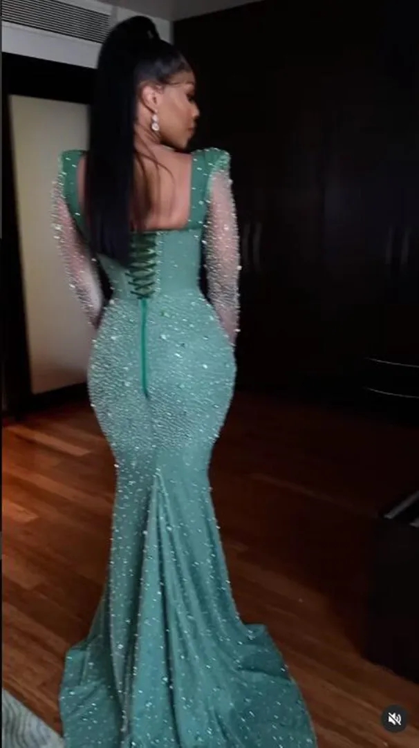 Green Aso Ebi Mermaid Long Sleeves Beaded Arabic Prom Dresses Formal Party Second Reception Birthday Engagement Evening Gowns Dresses Robe De Soiree