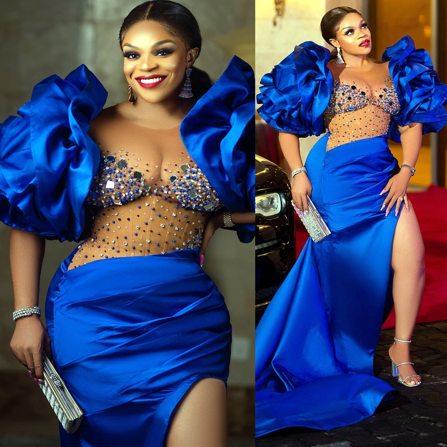 2024 Plus Size Royal Blue Illusion Mermaid Prom Dress Satin Promdress Crystals Evening Formal Party Second Reception Birthday Engagement Gowns Dresses