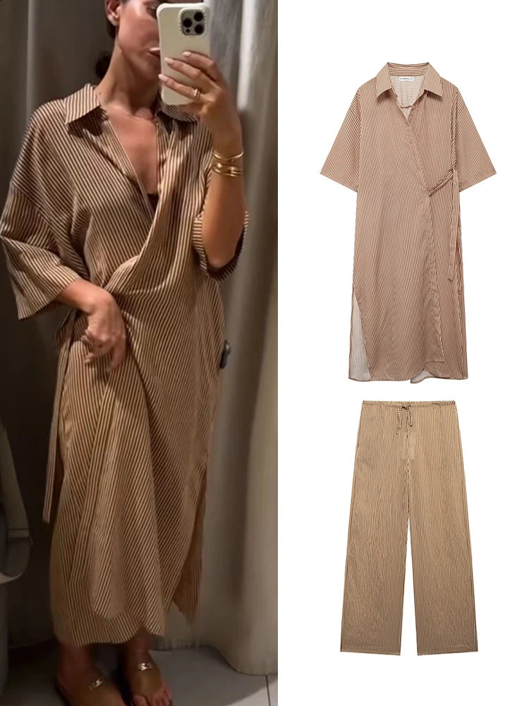 TRAF 2024 Women Striped Kimono Laced Up Blouse Pant Sets Fashion Lapel Short Sleeve Long Shirt Wide Leg Causal Suits 240810
