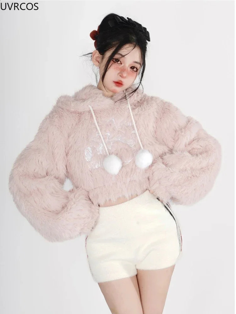 Japanese Kawaii Hoodies Womencute Pink Cat Embroideery Plush Cropped Ears Hoodie Korean Style Sweatshirt Y2k Short Pullover Tops 240810