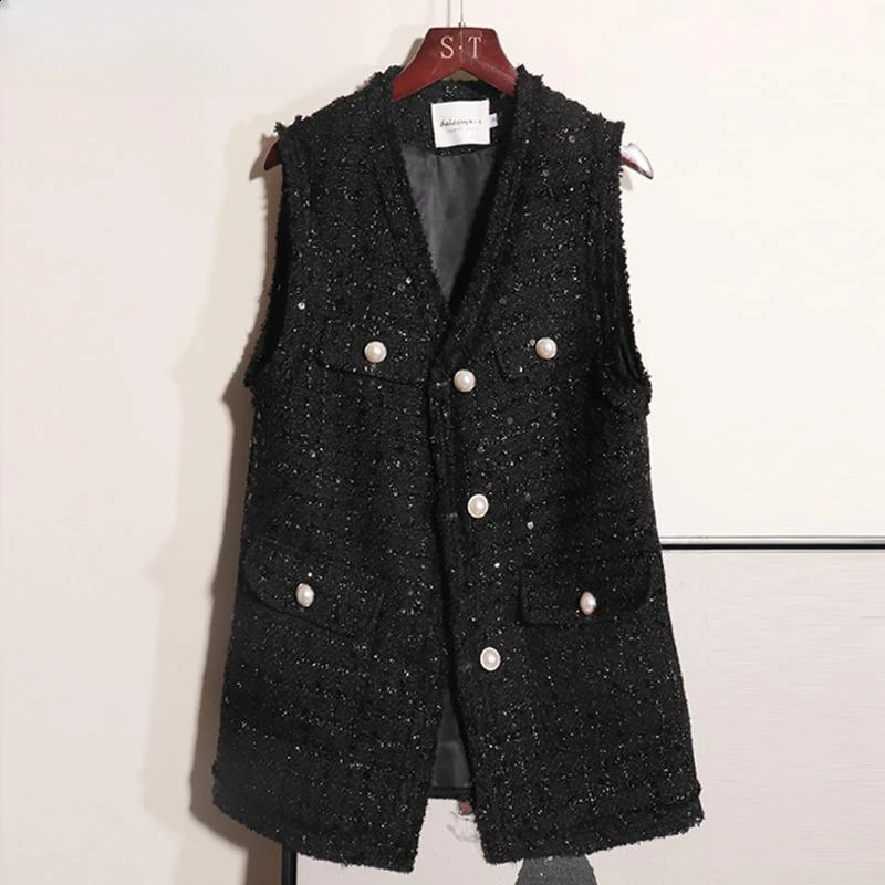 Womens Spring Autumn Loose Casual Waistcoat Female Sequined Tweed Vest Coats Ladies V-neck Sleeveless Jackets W748 240810