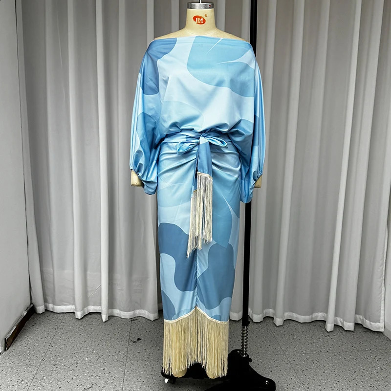 Wefads Womens twopiece Fashion Shoulder Printed Lantern Set Irregular Pulling Top Folded Tassel Ski 240810