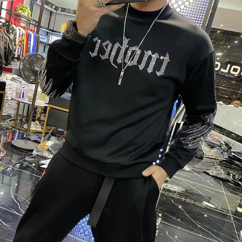 Rhinestone Style Winter Trend Men Hoodie High Quality Pure Cotton Hoody Casual Fashion Pullover -Selling Tops 240810