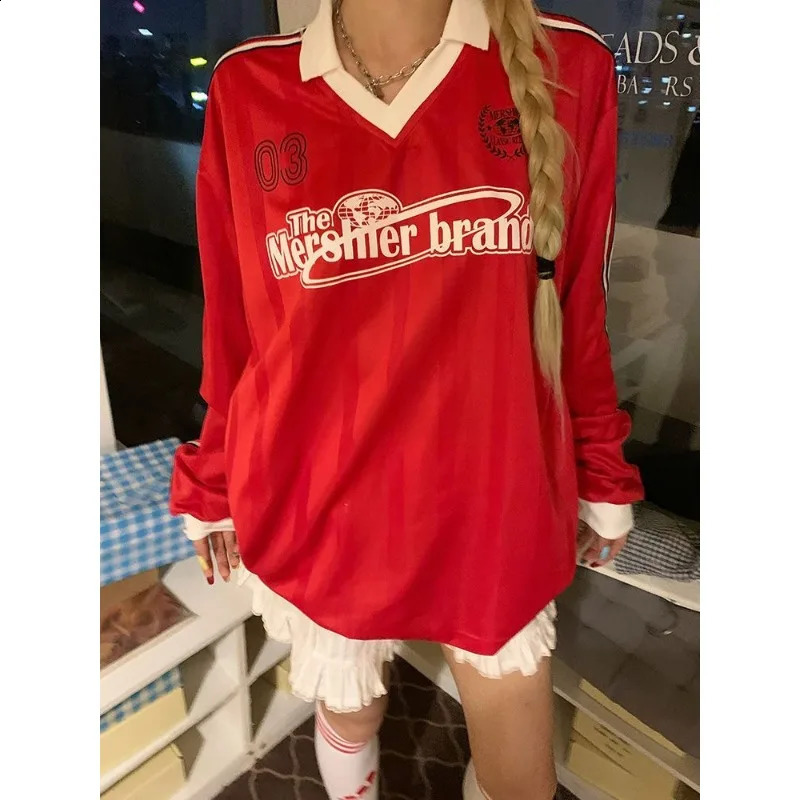 American retro spicy girl red Vneck comparison patch work Jersey Pullover letter printing casual loose long sleeved top 240810