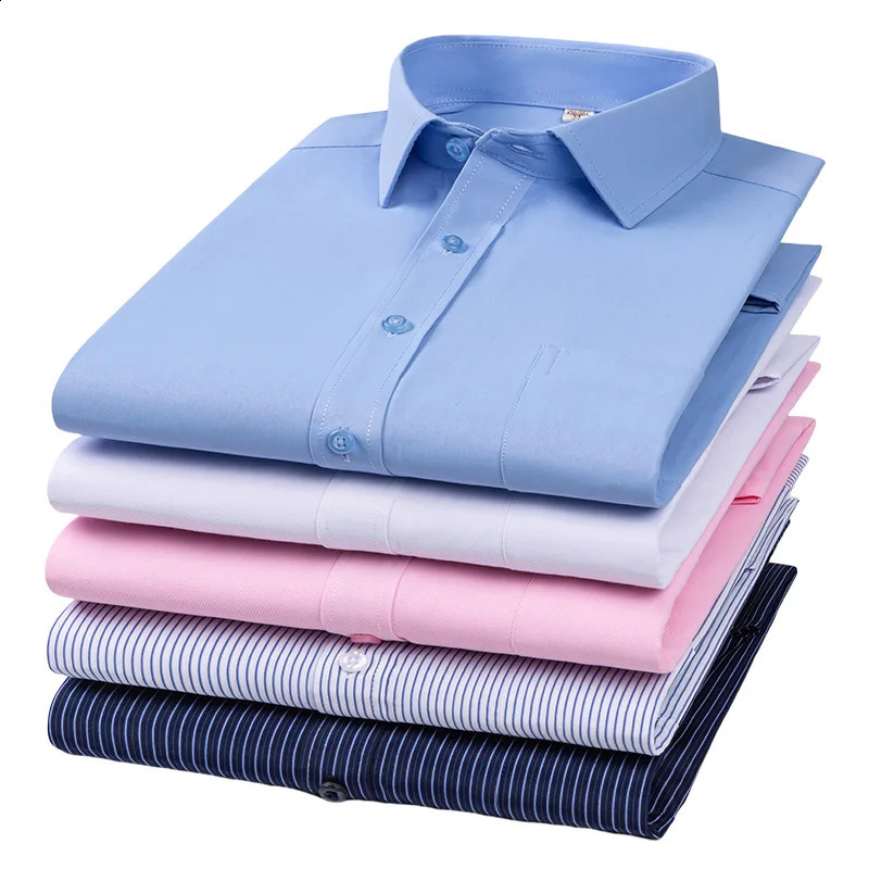 Mens formal shirt long sleeved office solid color striped wrinkle proof non ironed fashionable business pocket white shirt S-4XL240810