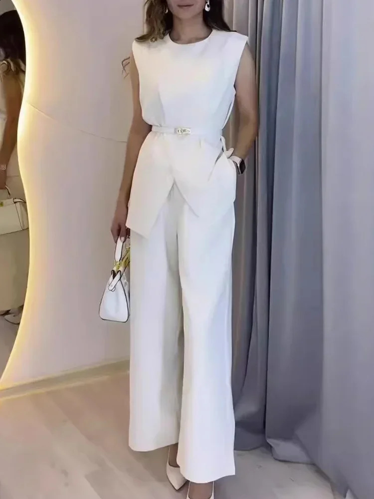 Fashionable womens solid round neck twopiece sleeveless high waist wide leg pants ultrathin elegant set 240810