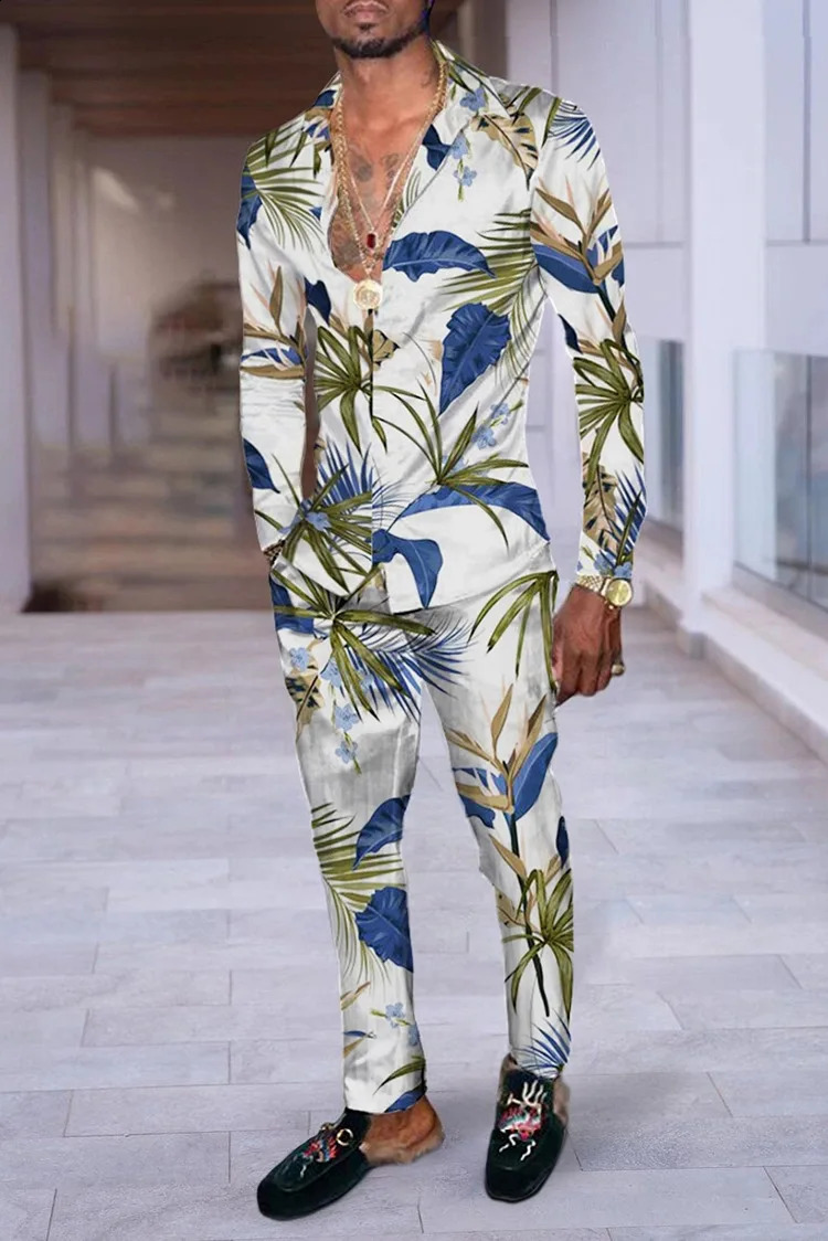 Hawaii Shirt Suit Men 3D Print Plants Flowers Fashion Casuan Breathable Mens Lapel Long Sleeve Shirt Long Pants Two Piece Set 240810