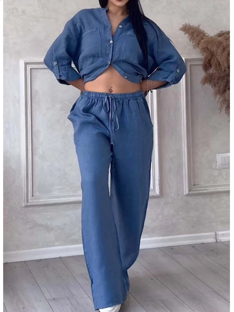 Women Casual Two Piece Sets Solid Longsleeve Female Shirt Wideleg Trousers Loose Drawstring Pants Pockets Ladies Clothing y240815