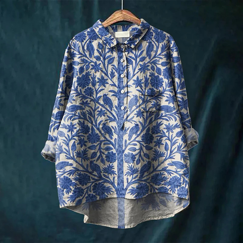 Summer Womens Casual Retro Animal Pattern Long Sleeve Pocket Shirt Hawaiian Style Printed Vneck Top 240810