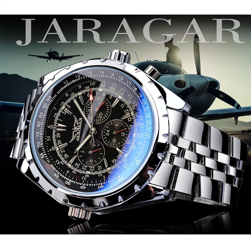 Jaragar Blue Glass Black Silver Automatic Watch Stainless Steel Date Clock Luminous Men Business Mechanical Wristwatch 240808