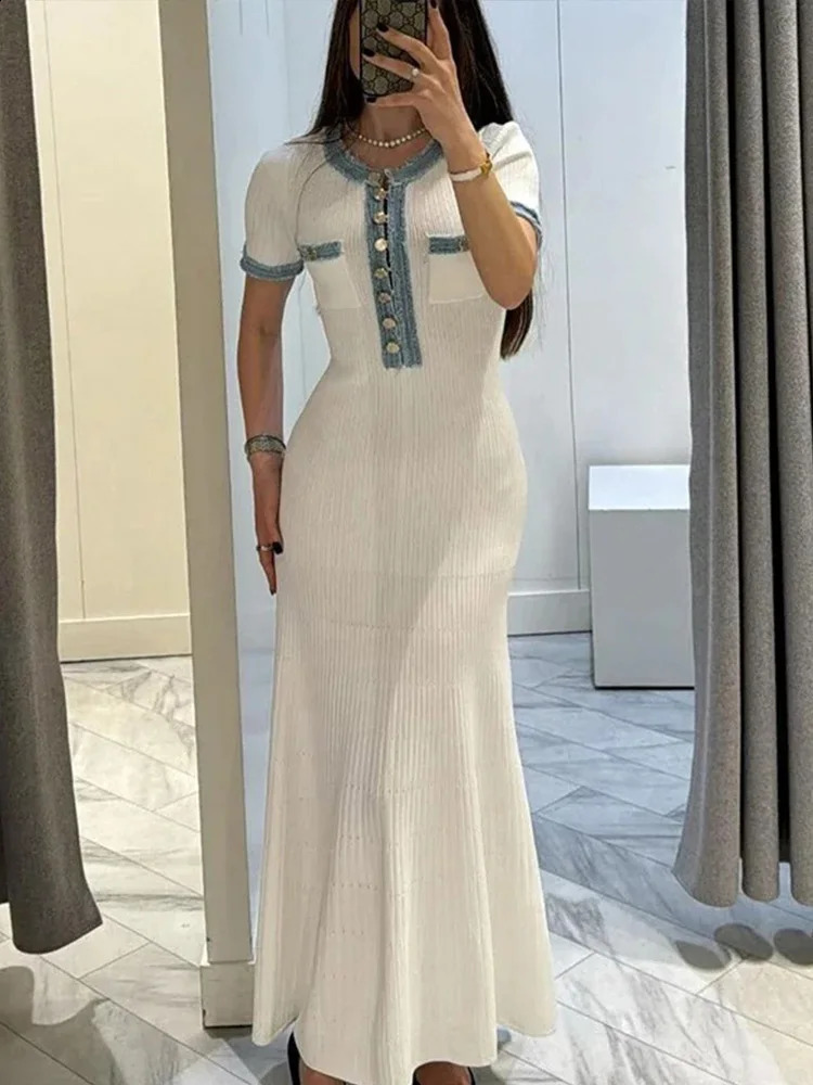 Fashion Elegant Knit Denim Patchwork Long Dress Women O Neck Short Sleeve Buttons Pockets Dresses Summer Fashion Vestidos 240810