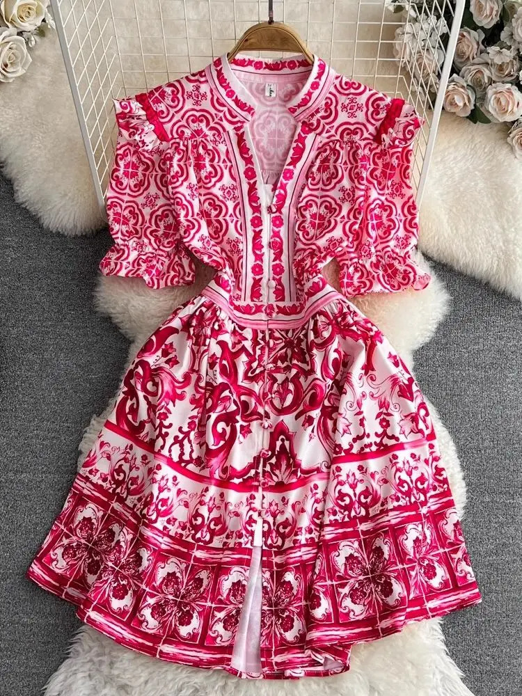 Summer runway red blue and white porcelain dress for women V-neck plaid sleeves ruffled button print beach mini vest240810