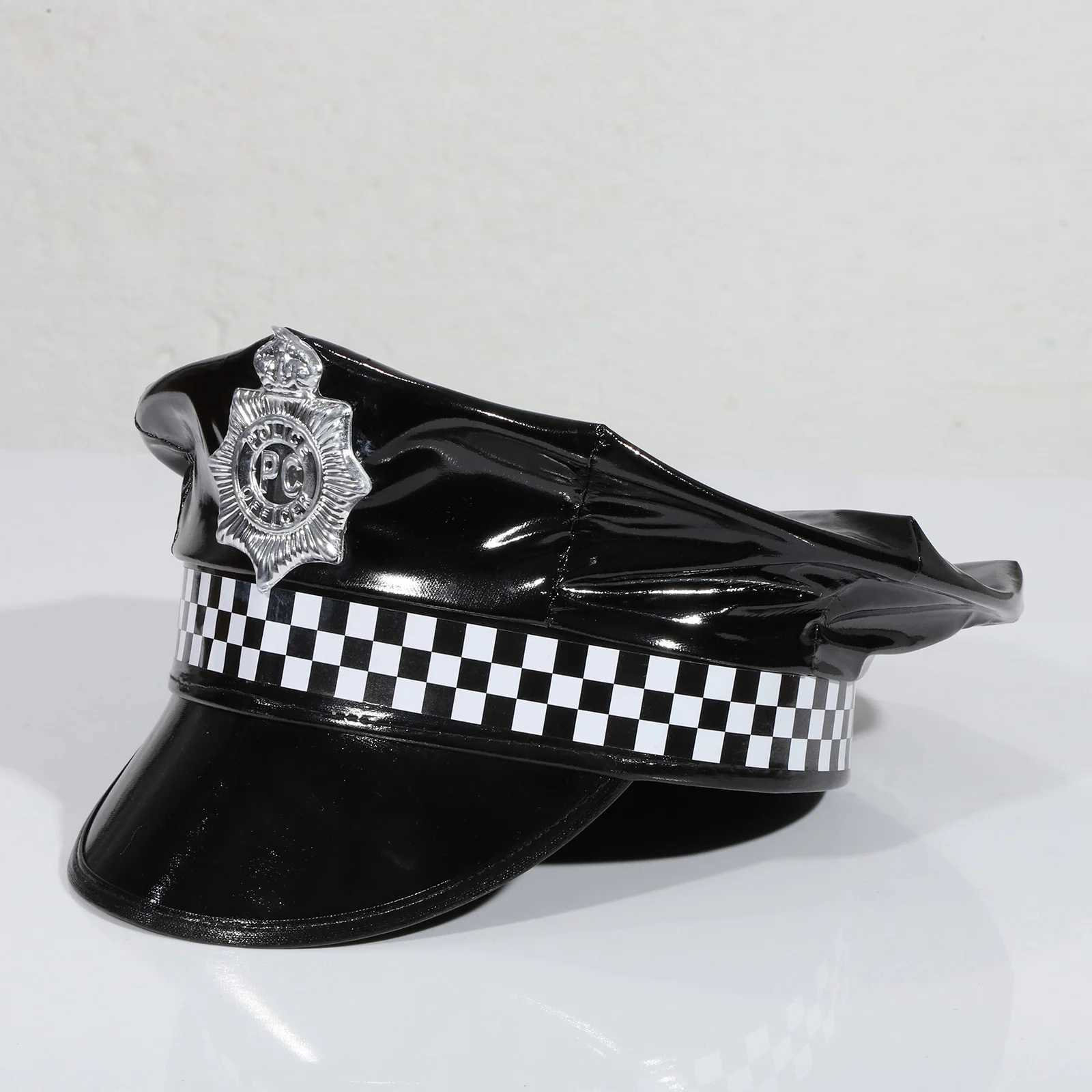 Adult Police Cap Cop Uniform Props Police Officer Hat Badge Checkerboard Adjustable Cop Hat Halloween Cosplay Costumes Accessory Y240810
