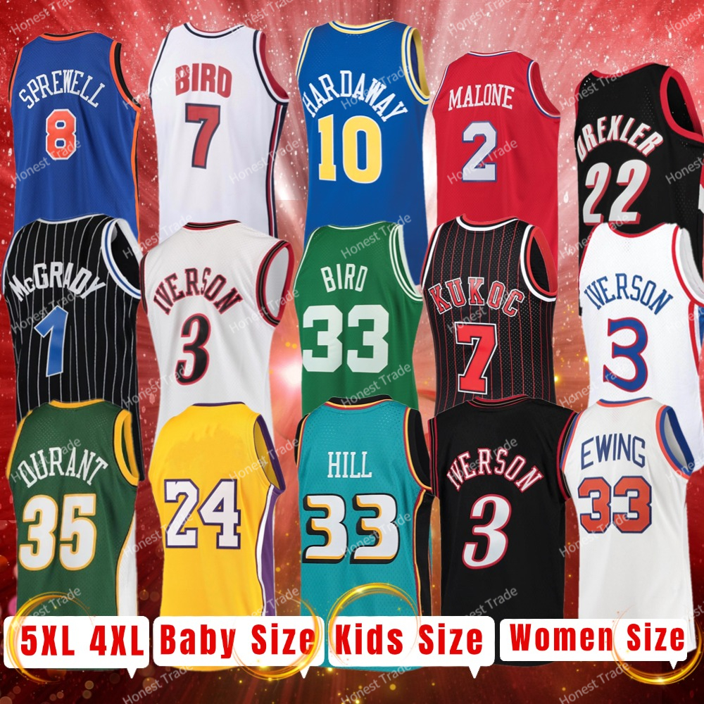 5XL Big Size Basketball Jerseys Durant Iverson Bird Duncan Kemp Stockton Mcgrday Pippen Rodman 15 Vince Carter Yellow White Infant Todder Small Size Custom