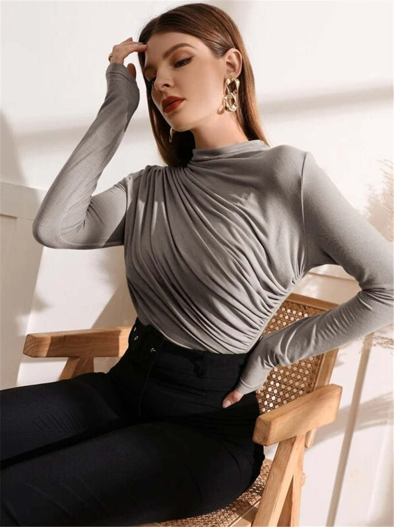 Autumn and Winter Small High Neck Design Pleated Versatile Long Sleeved T-shirt Top