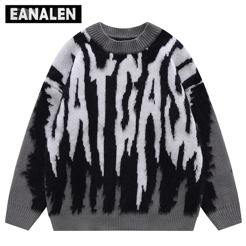 Harajuku Retro Green Orange Knitted Sweater Mens Street Oversized Crossover Pulling Thick Sweater Grandpa Ugly Sweater Womens240810