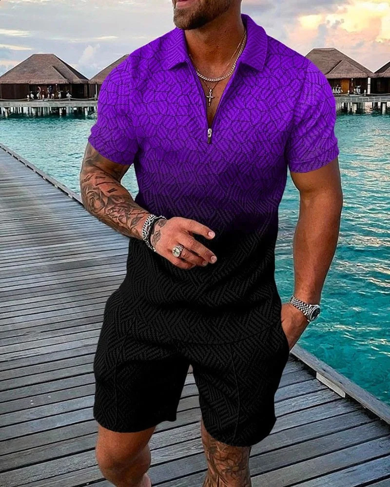 Hawaii Tracksuit 2pcs sets 3D print Zipper Polo Shirt Short Sleeve Shirt and Shorts Casual Fashion Zip-Up Man 2PCS clothing 250409