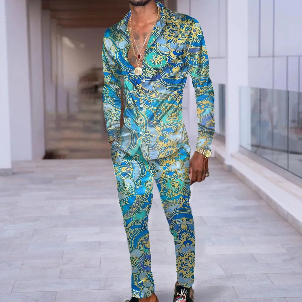 Hawaii Shirt Suit Men 3D Print Plants Flowers Fashion Casuan Breathable Mens Lapel Long Sleeve Shirt Long Pants Two Piece Set 240810