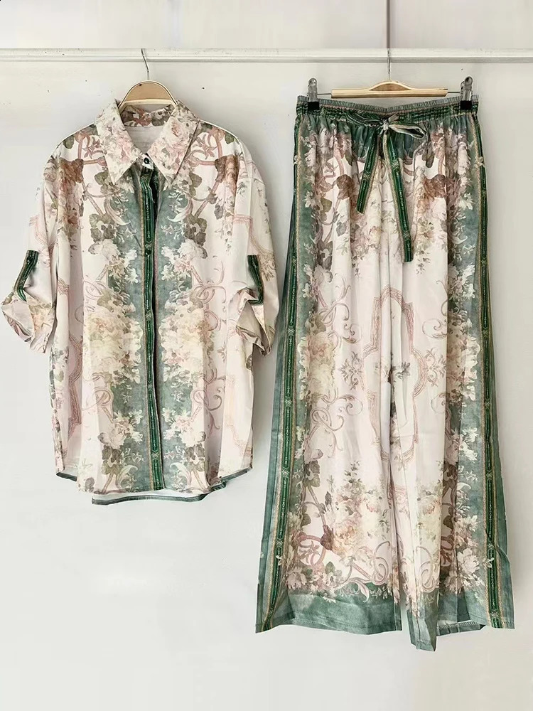 Retro geometric print loose long sleeved shirt two-piece set 2024 autumn womens elastic waist wide leg pants fashion set240810