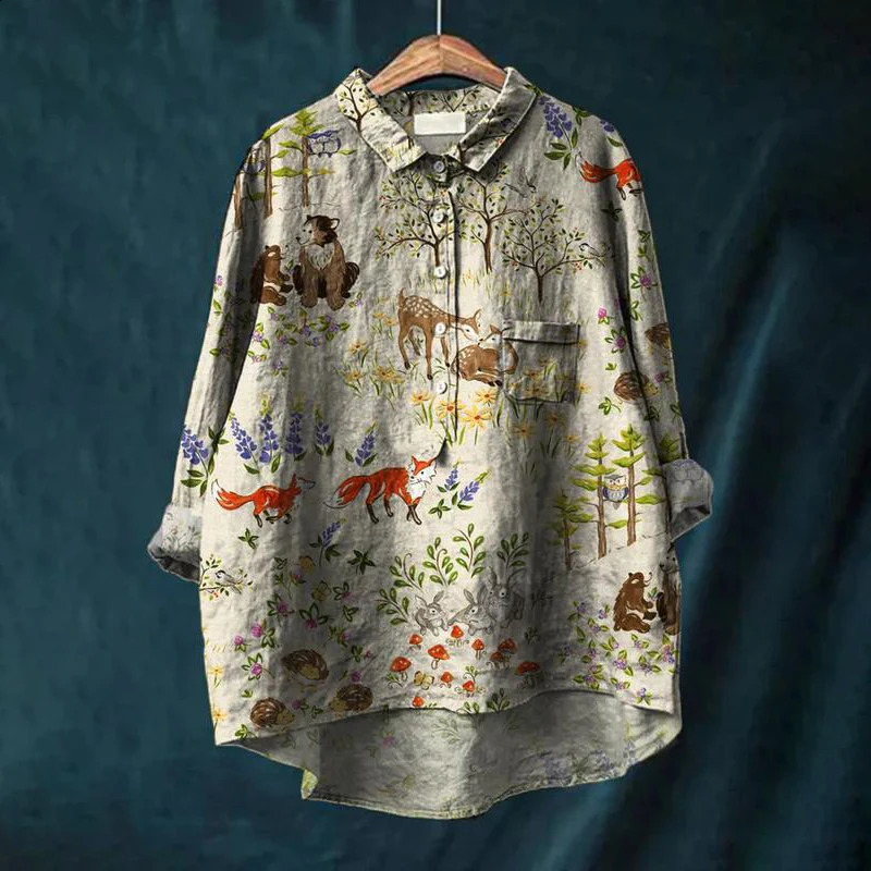 Summer Womens Casual Retro Animal Pattern Long Sleeve Pocket Shirt Hawaiian Style Printed Vneck Top 240810