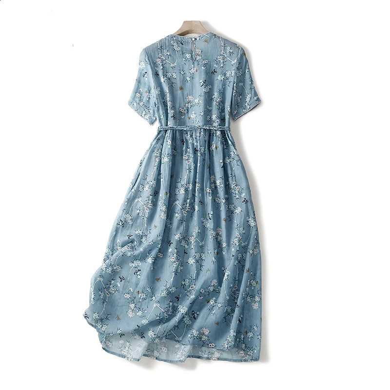 Thin Soft Cotton Print Floral Loose Cozy Vintage Summer Dress Belt Slim Office Lady Work Dress Women Casual Midi Dress 240810