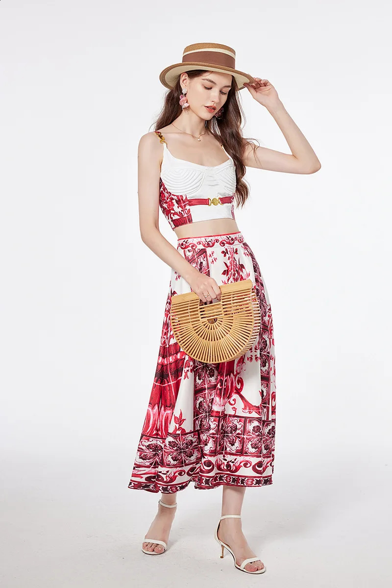 Womens retro printed short sleeved top and long skirt two-piece set240810