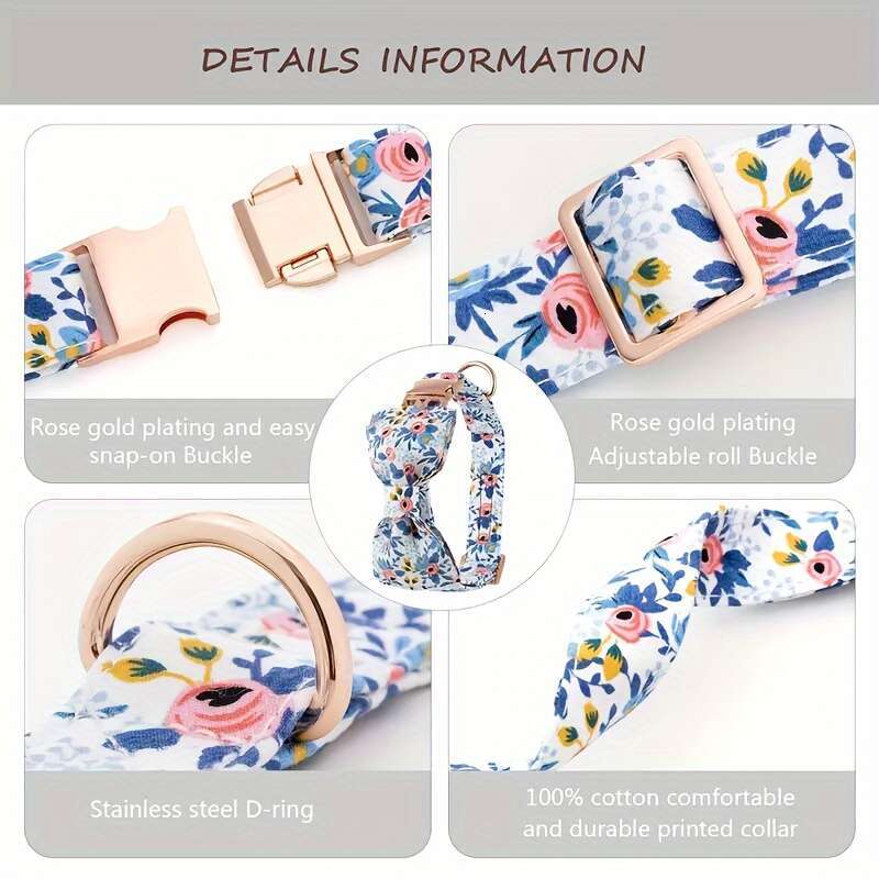 4pcs Leash Set With Bow Tie And wer Decor, ral Pattern Adjustable Collar Dog Traction Rope