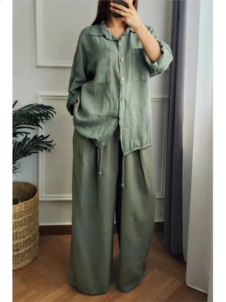 Autumn fashion cotton and linen rope twopiece set for women collar long sleeved brushed shirt wide leg pants casual