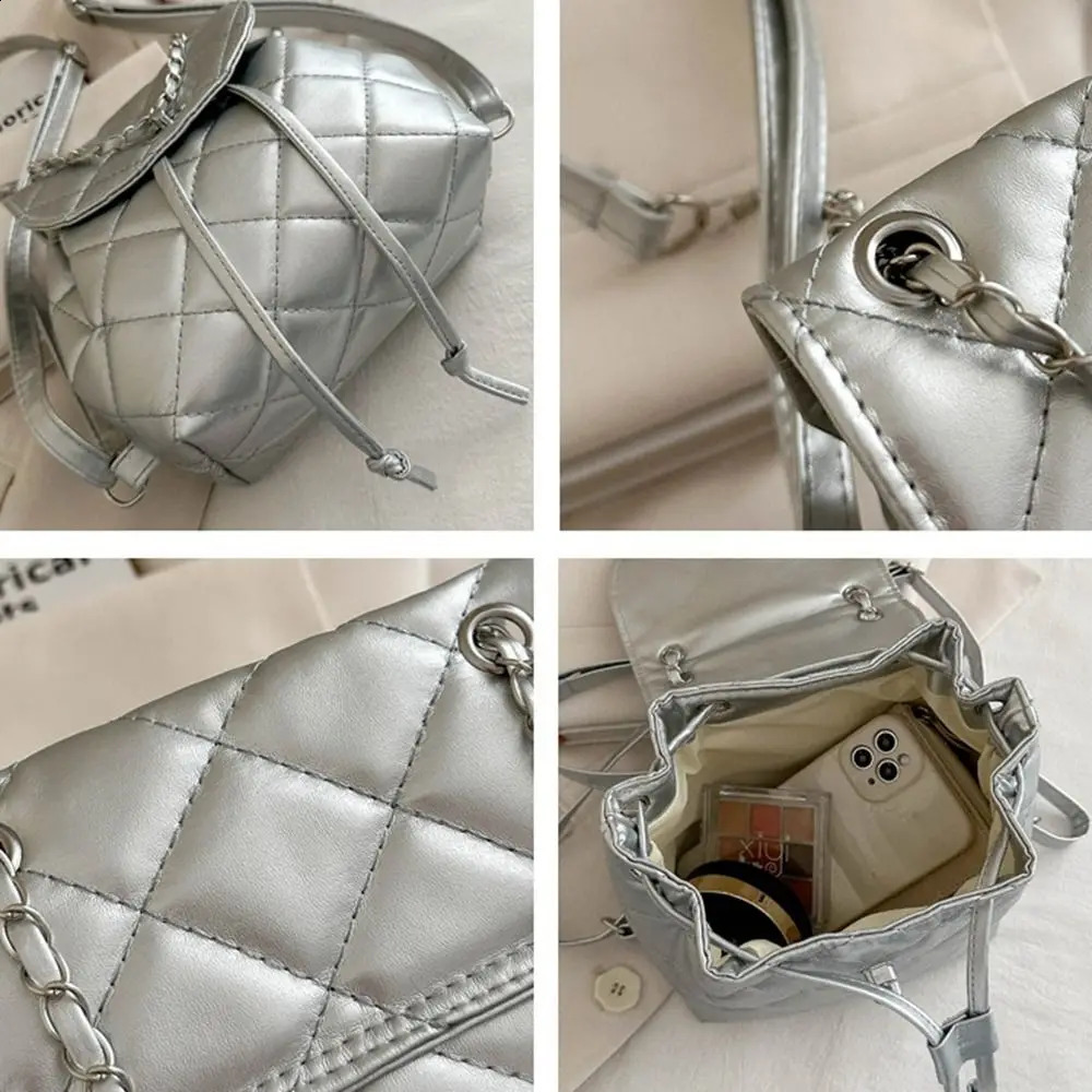 Cute Small Backpack Large Capacity Pu Leather Rhombic Lattice Chain Shoulder Bag School Bag Korean Style Pu Bucket Bag Outdoor 250318