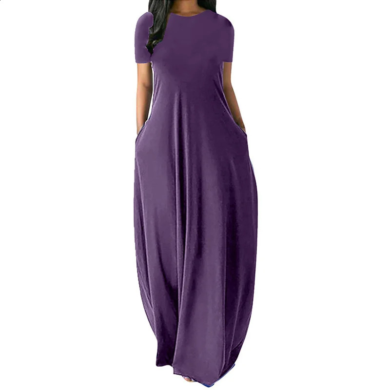 Women Oversize Casual Solid O-Neck Pockets Long Dress Summer Dress Female Plus Size Short Sleeve High Waist Maxi Dresses 240810
