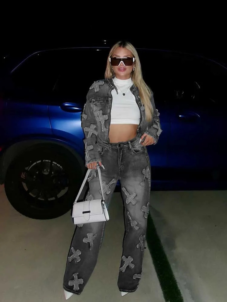 Elegant womens pants set winter long sleeved jacket and straight Trouser casual 2piece denim dress 240810