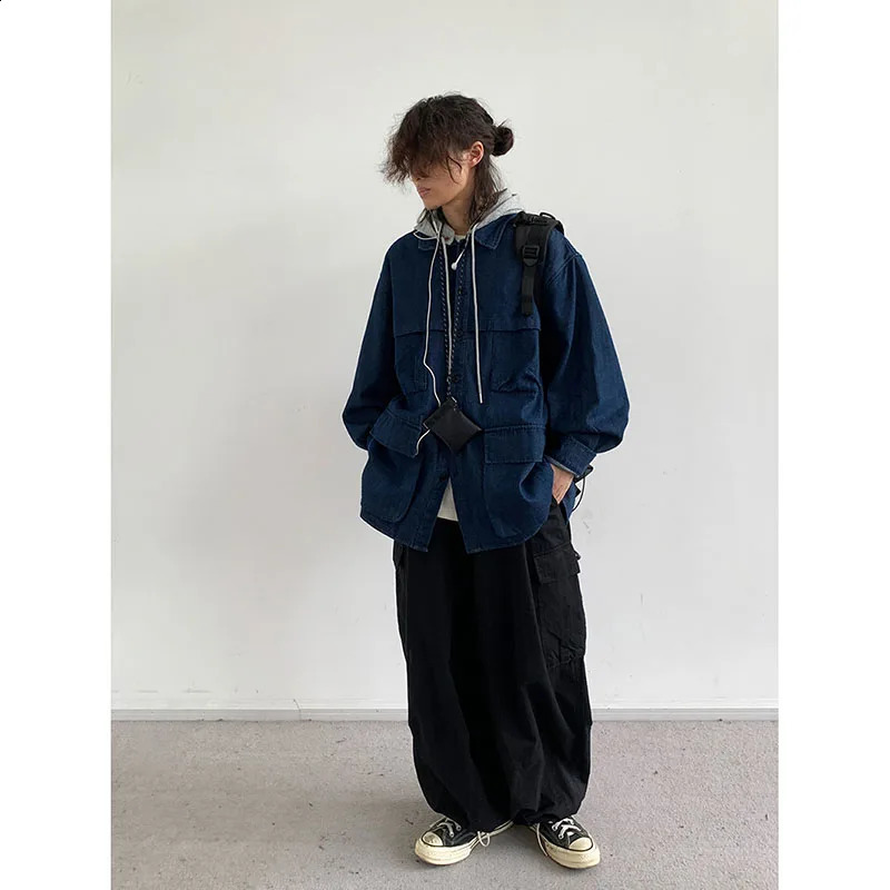 Hooded Denim Jacket Men Women Vintage Detachable Cap Cargo Coat Japanese Oversize Loose Casual Top Spring Couple Unisex Overcoat 240810