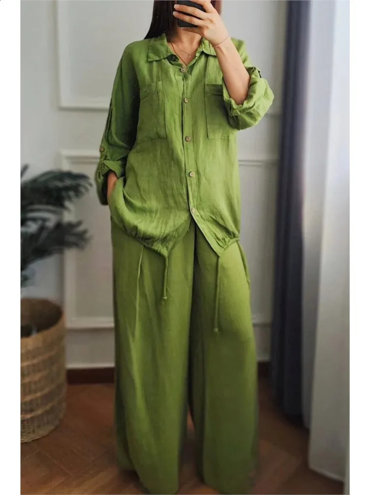 Autumn fashion cotton and linen rope twopiece set for women collar long sleeved brushed shirt wide leg pants casual